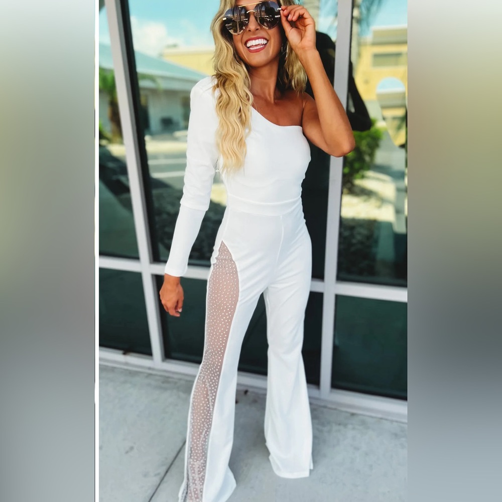 White jumpsuit with mesh/rhinestone details